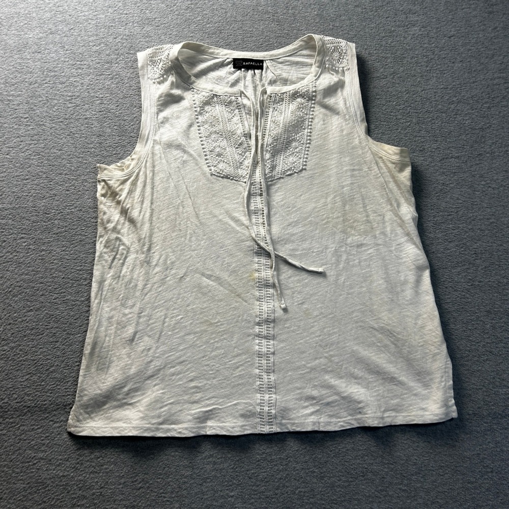 Sleeveless Boho Cotton Top Womens Large White Embroidered Tie Neck Rafaella